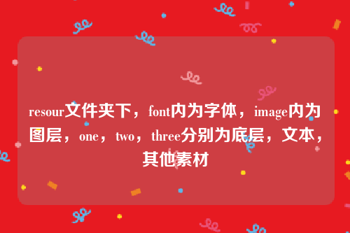 resour文件夹下，font内为字体，image内为图层，one，two，three分别为底层，文本，其他素材